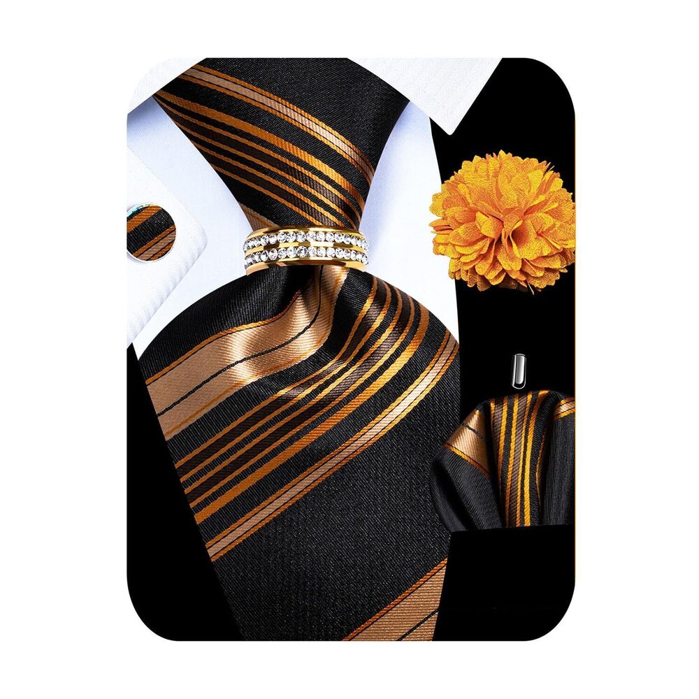 1377 5PCS Silk Gold Striped Tie, Pocket Square, Cufflinks, Drilled Tie Ring